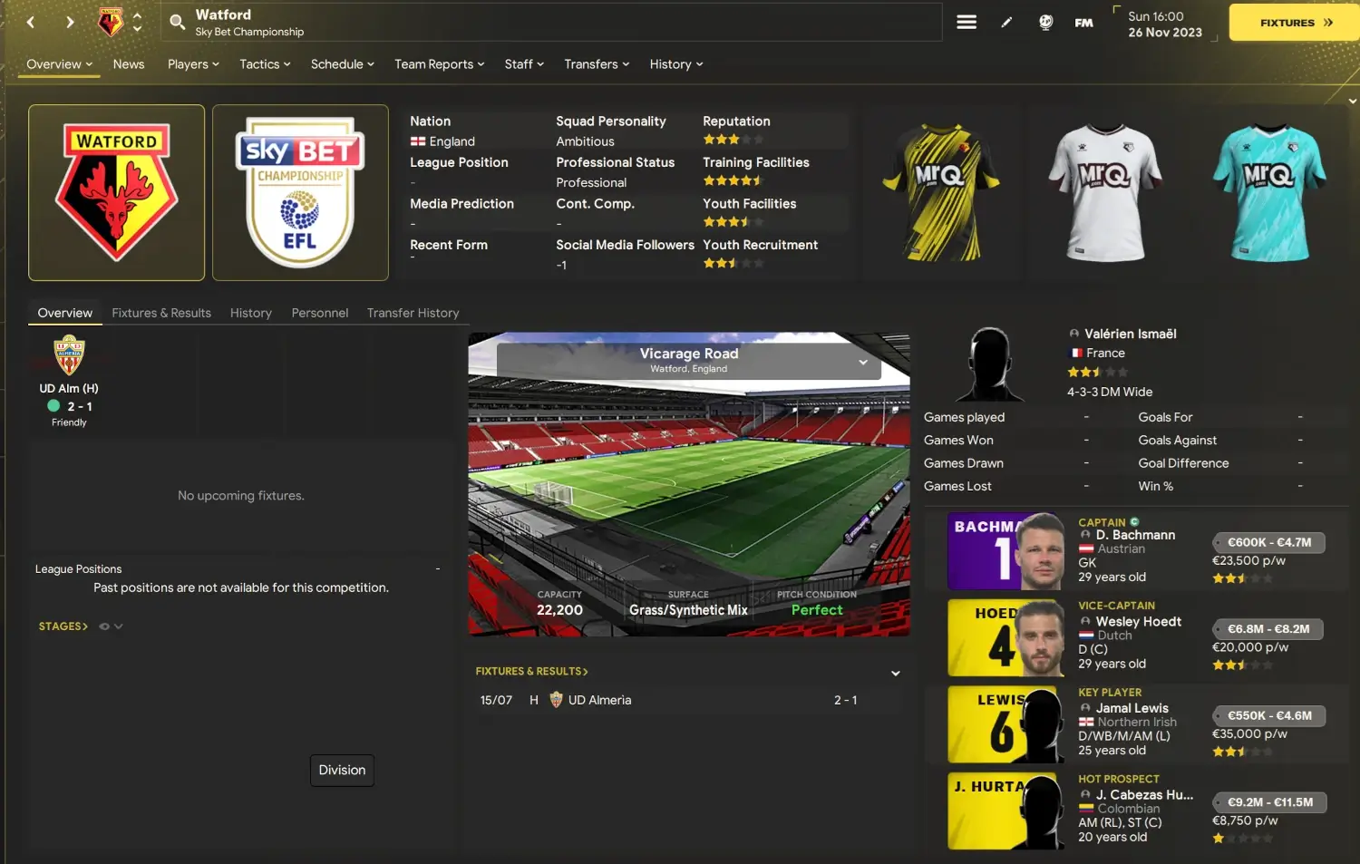 Best Football Manager 2024 skins - Watford Club profile using FM24 WTCS gold skin