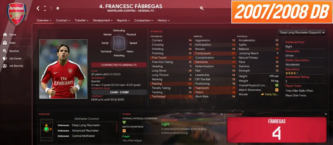 Profilo giocatore Cesc Fabregas nel database throwback 2007-08