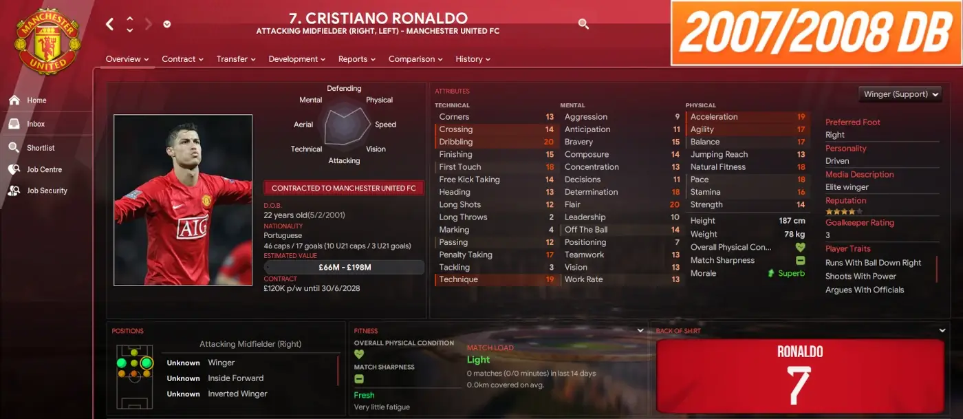Cristiano Ronaldo nel database di ritorno di FM24 stagione 2007-08