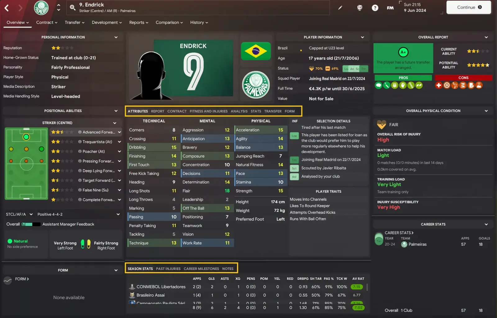 Endrick player screen in Football Manager 2024 using Tato24 FM24 Skin