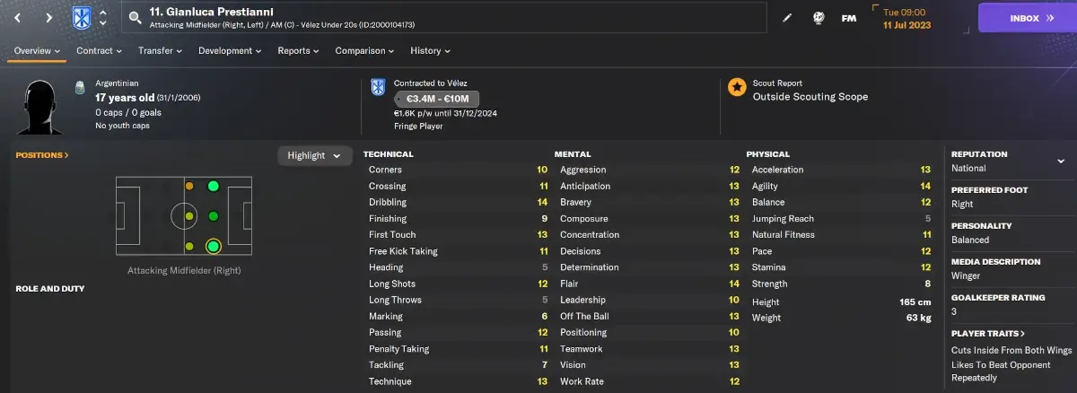 FM24 Best young players - Gianluca Prestianni player profile