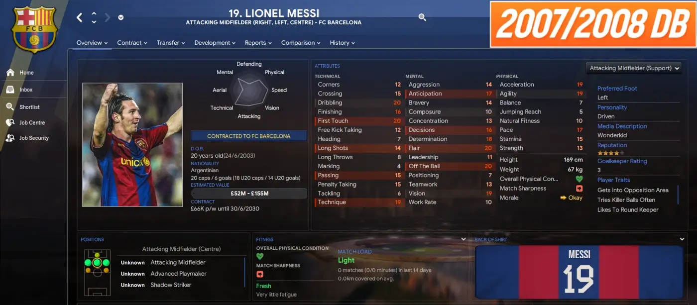 Il ragazzo prodigio Lionel Messi nel database dei ricordi del 2007-08 per FM24